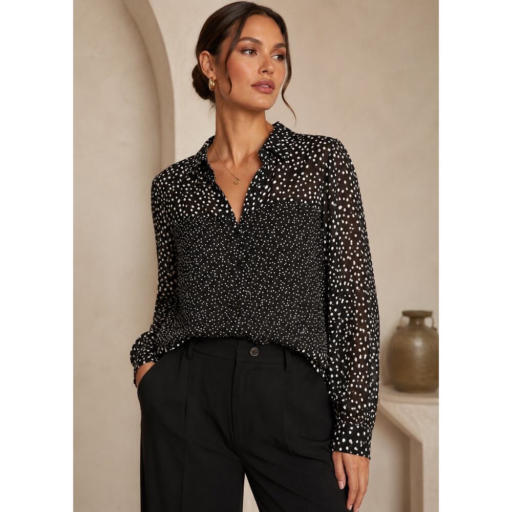 Les Serein Idene Sheer Blouse | Black & White Polka Dot | Size XL | NWT